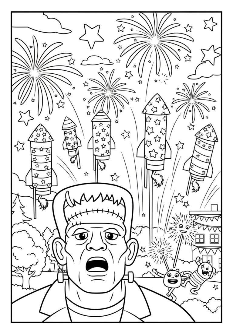 Frankenstein Fourth of July Fireworks Coloring Page