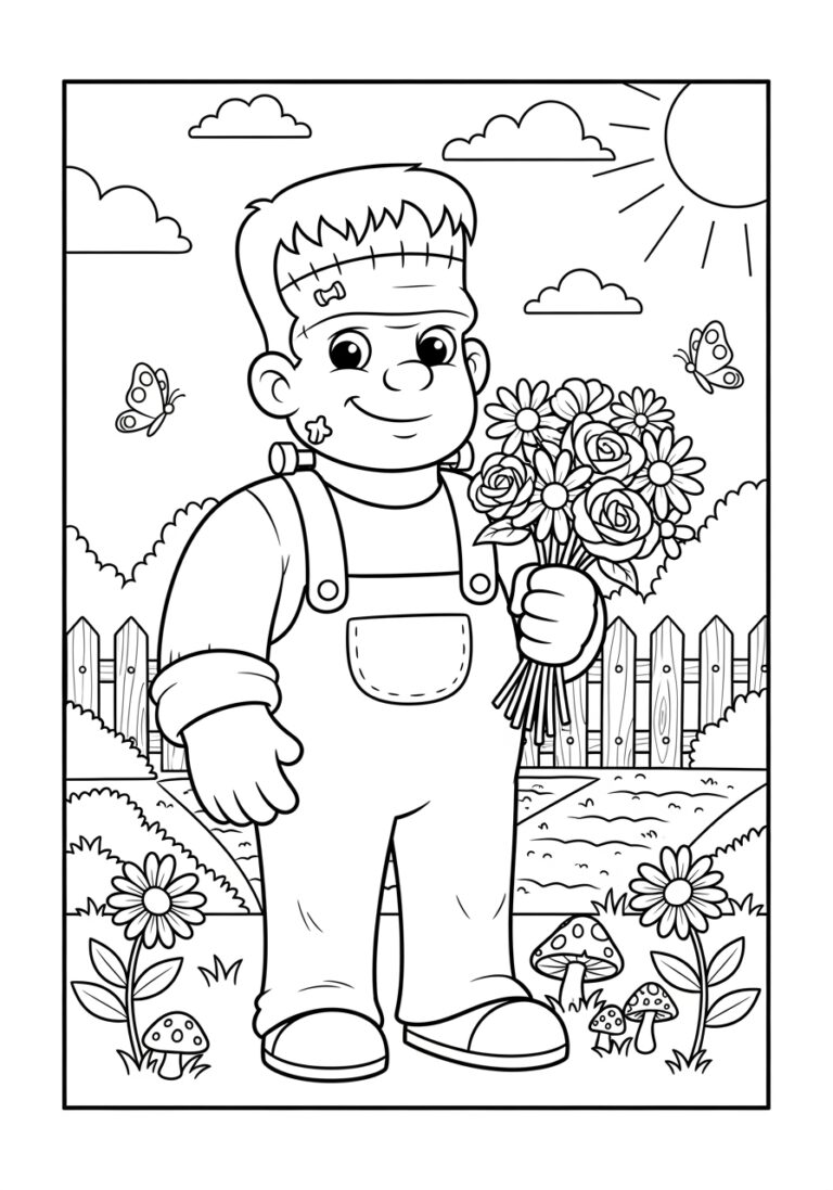 Frankenstein Holding Flowers Coloring Page