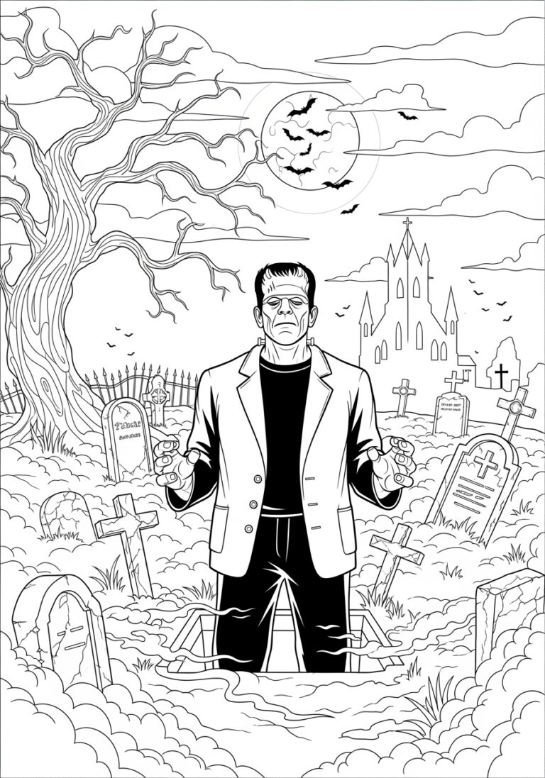 Frankenstein in a Graveyard Scene Coloring Page Frankenstein in a Graveyard Scene Coloring Page