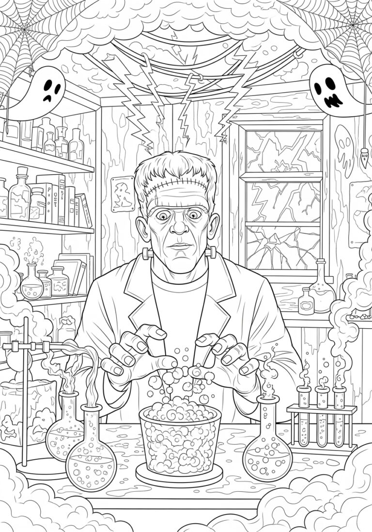 Frankenstein in Haunted Lab Coloring Page to Print Out and Color