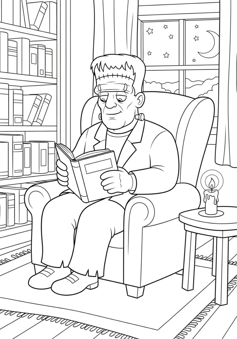 Frankenstein Reading a Story Coloring Page