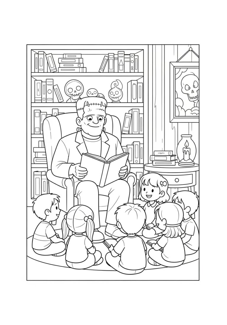 Frankenstein Reading to Kids Coloring Page Frankenstein Reading to Kids Coloring Page