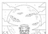Frankenstein with Bats and Moon Coloring Page