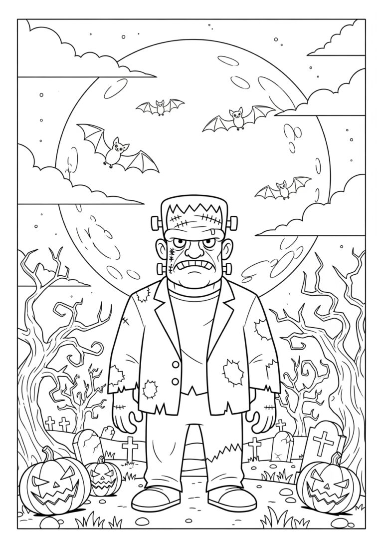 Frankenstein with Bats and Moon Coloring Page Frankenstein with Bats and Moon Coloring Page