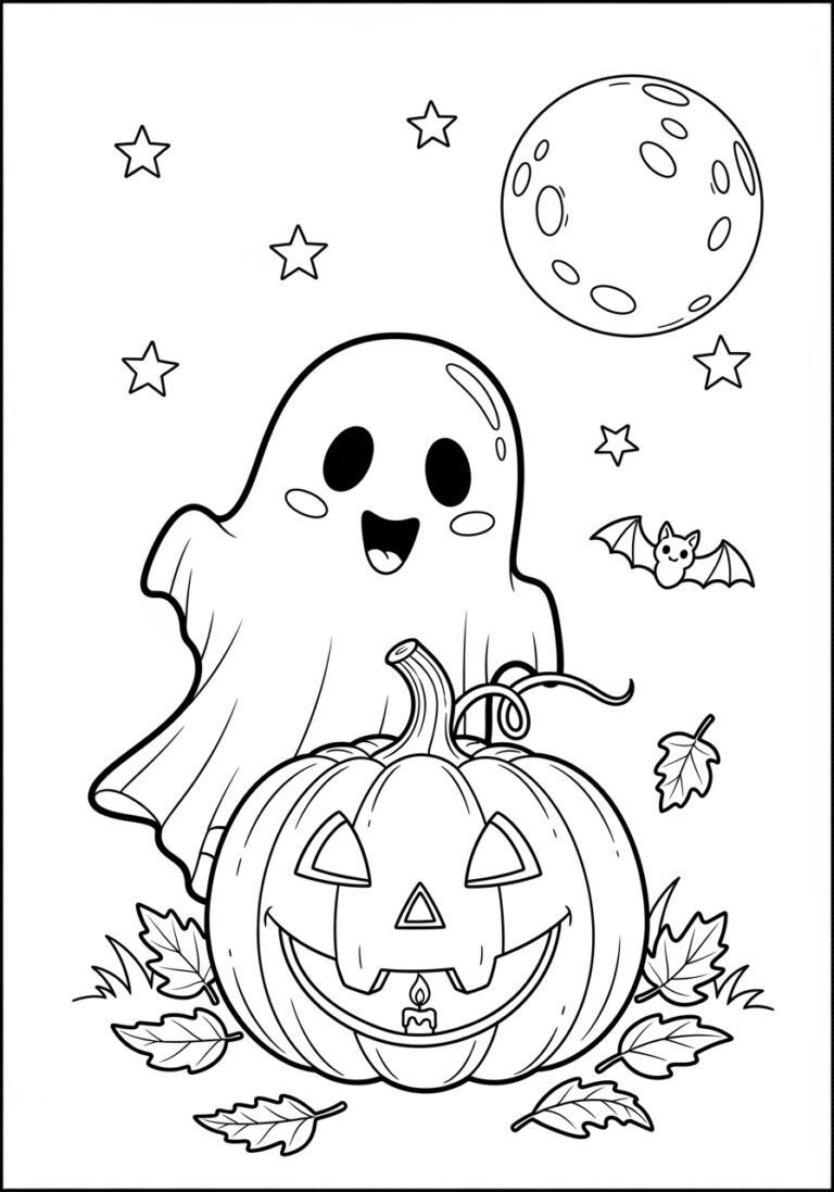 Friendly Ghost with Pumpkin Coloring Page