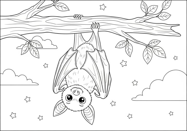 Fruit Bat Hanging from a Tree Coloring Page Fruit Bat Hanging from a Tree Coloring Page