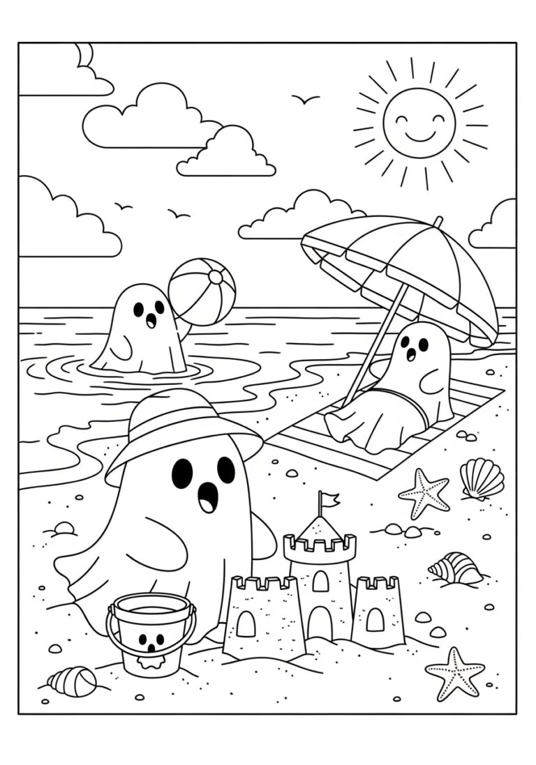 Ghost at the Beach Coloring Page