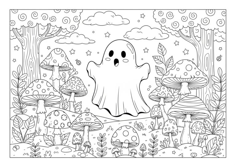 Ghost in a Garden of Mushrooms Coloring Page Ghost in a Garden of Mushrooms Coloring Page