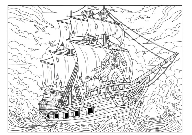 Ghost Pirate on a Ship Coloring Page to Print and Color Ghost Pirate on a Ship Coloring Page to Print and Color