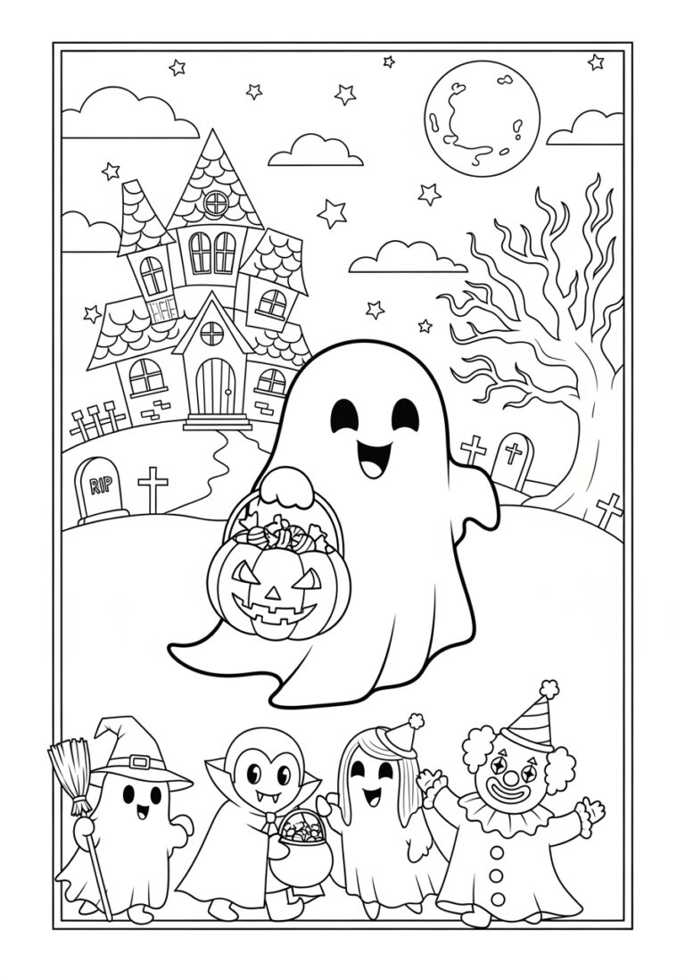 Ghost Trick or Treating Coloring Page Ghost Trick or Treating Coloring Page