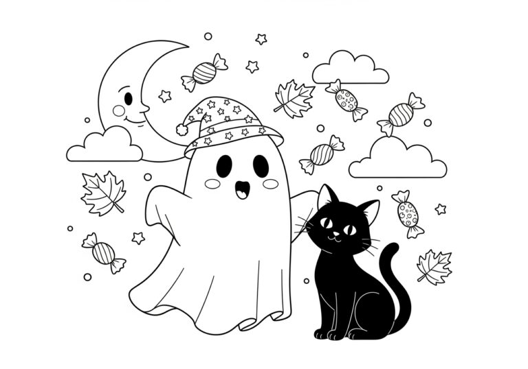 Ghost with a Friendly Black Cat Coloring Page Ghost with a Friendly Black Cat Coloring Page