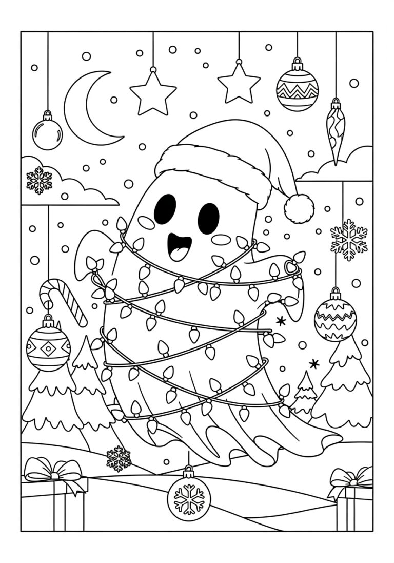 Ghost with Christmas Lights Coloring Page Ghost with Christmas Lights Coloring Page