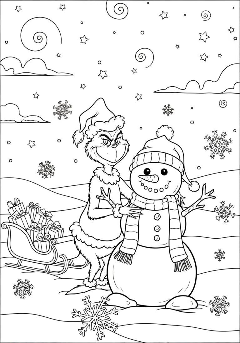 Grinch Building a Snowman Coloring Page