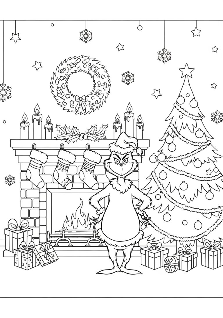 Grinch by Fireplace with Stockings Coloring Page Grinch by Fireplace with Stockings Coloring Page