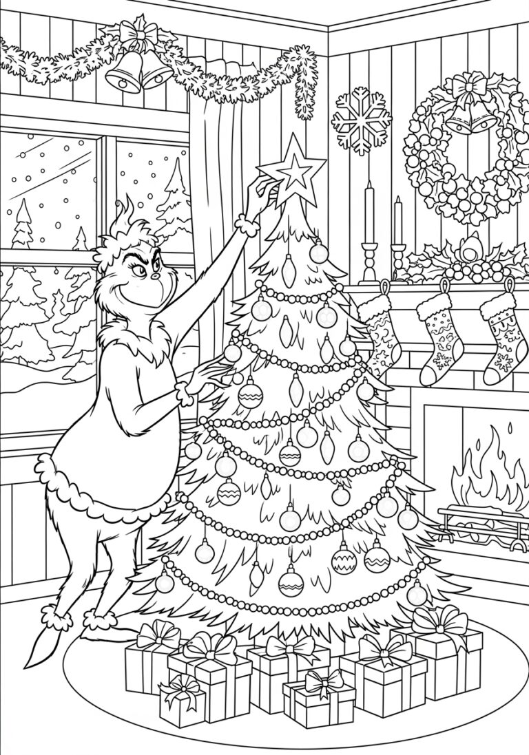 Grinch Decorating a Christmas Tree Coloring Page Grinch Decorating a Christmas Tree Coloring Page