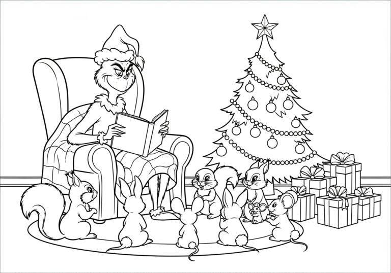 Grinch Reading a Bedtime Story Coloring Page