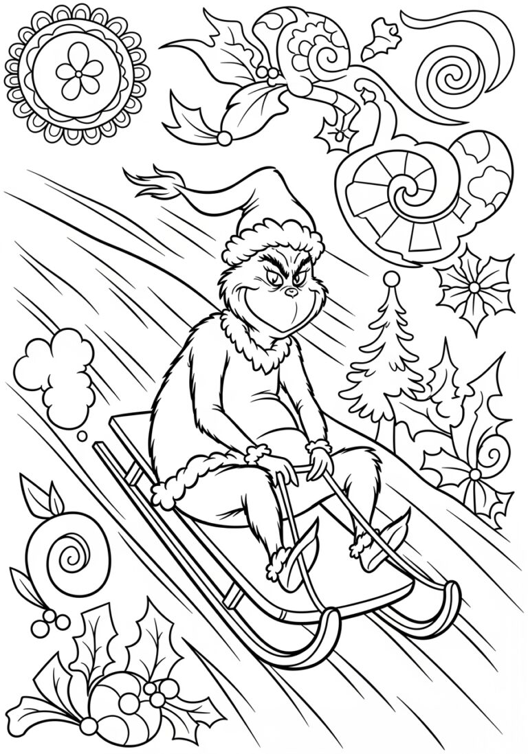 Grinch Sledding Down a Hill Coloring Page