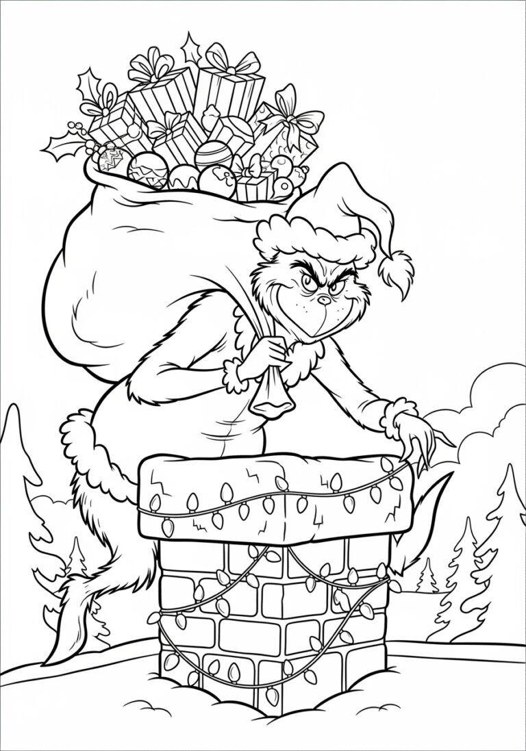 Grinch Sneaking Down the Chimney Coloring Page