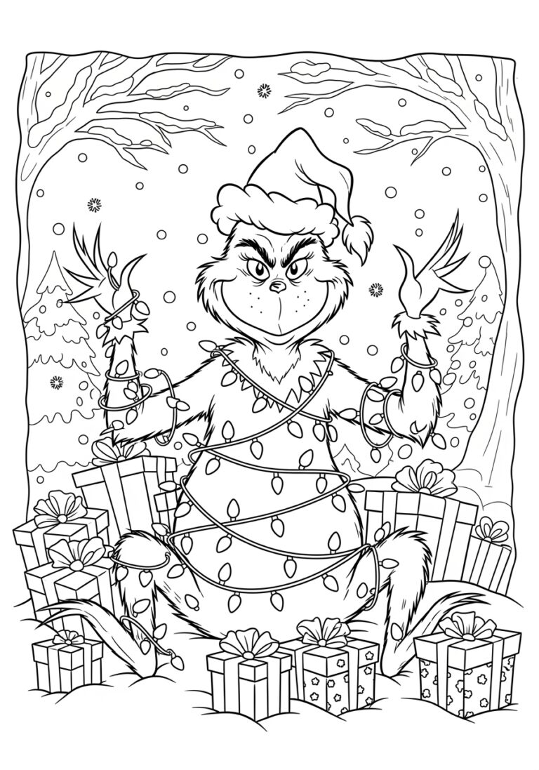 Grinch Tangled in Holiday Lights Coloring Page