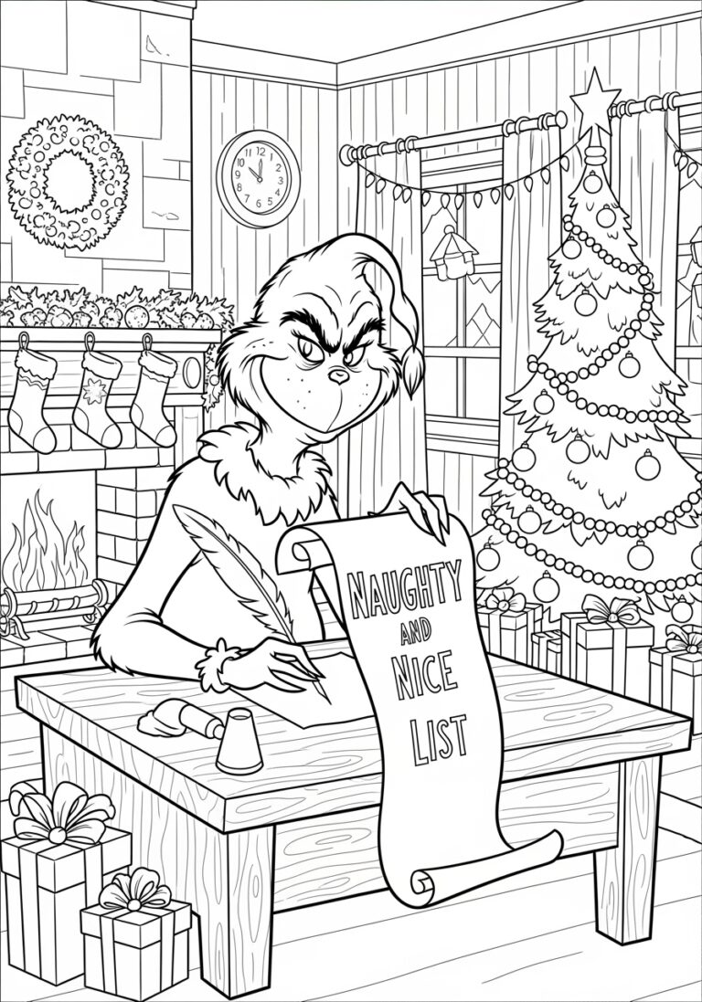 Grinch with Naughty and Nice List Coloring Page