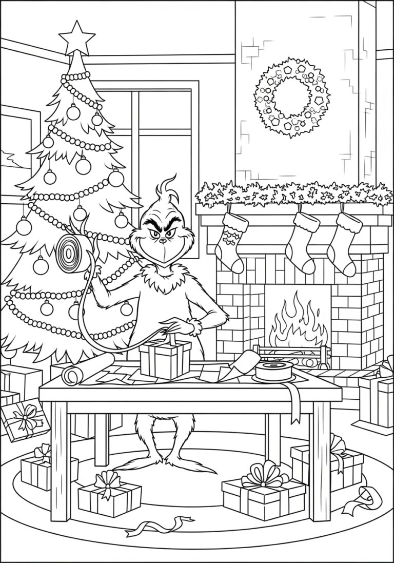 Grinch Wrapping Present Coloring Page