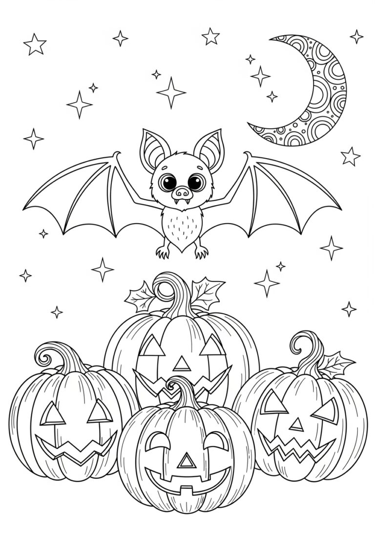 Halloween Bat with Pumpkins Coloring Page