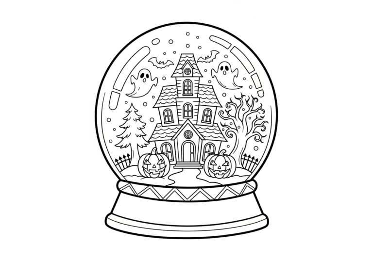 Halloween Haunted House Snow Globe Coloring Page