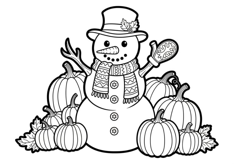 Halloween Snowman Coloring Page with Pumpkins