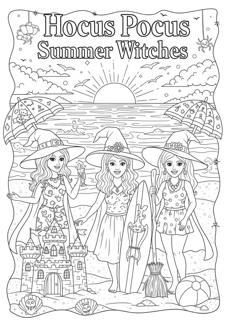 Hocus Pocus Summer Beach Witch Vacation Coloring Page