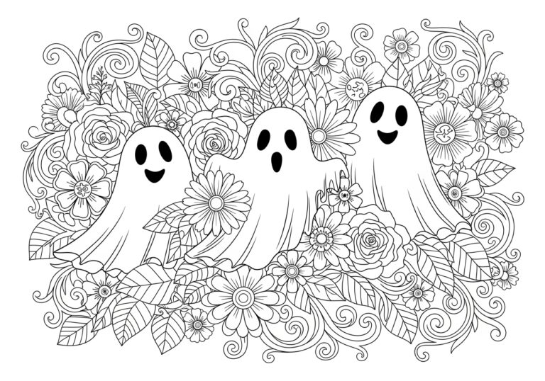 Página para colorear de un fantasma floral intrincado Imprimible y Página para colorear de un fantasma floral intrincado Imprimible y