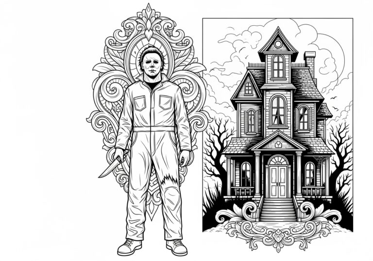 Michael Myers and Haunted House Silhouette Coloring Page