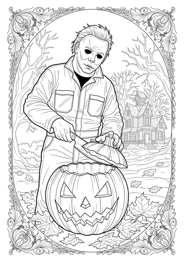 Michael Myers Carving a Jack-o’-lantern Coloring Page