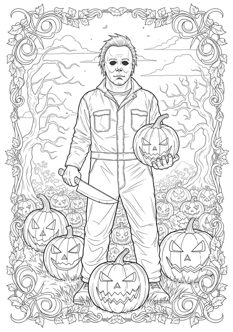 Michael Myers in Pumpkin Patch Coloring Page