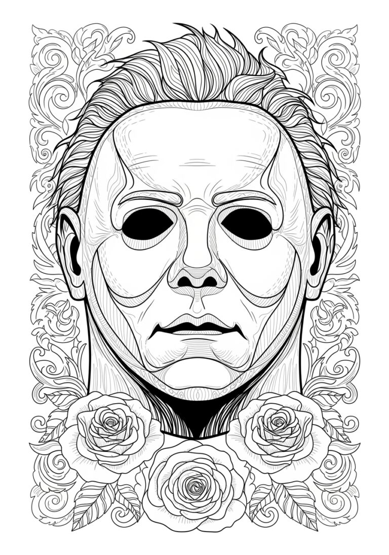 Michael Myers Mask with Roses Frame Coloring Page