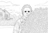 Michael Myers Peeking from Behind a Hedge Coloring Page