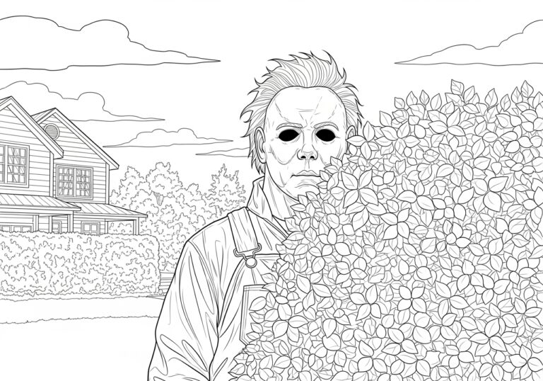 Michael Myers Peeking from Behind a Hedge Coloring Page