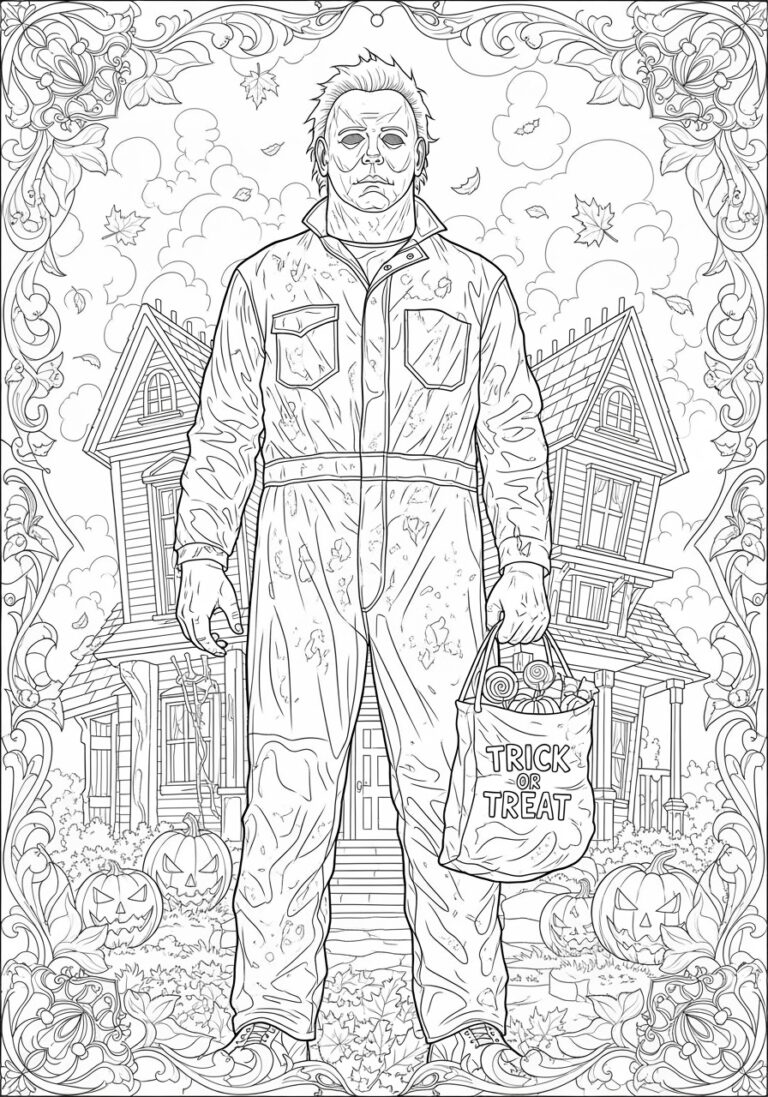 Michael Myers with Trick-or-Treat Candy Bag Coloring Page Michael Myers with Trick-or-Treat Candy Bag Coloring Page