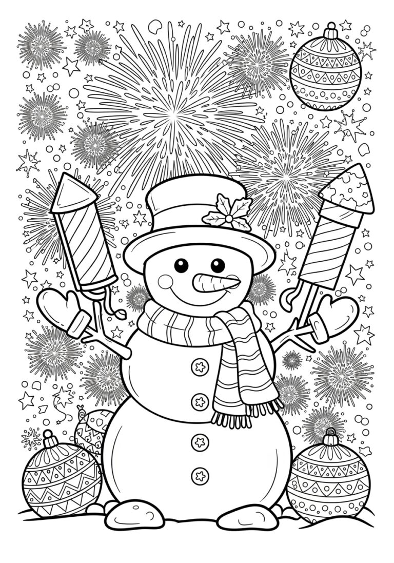 New Year Firework Snowman Coloring Page