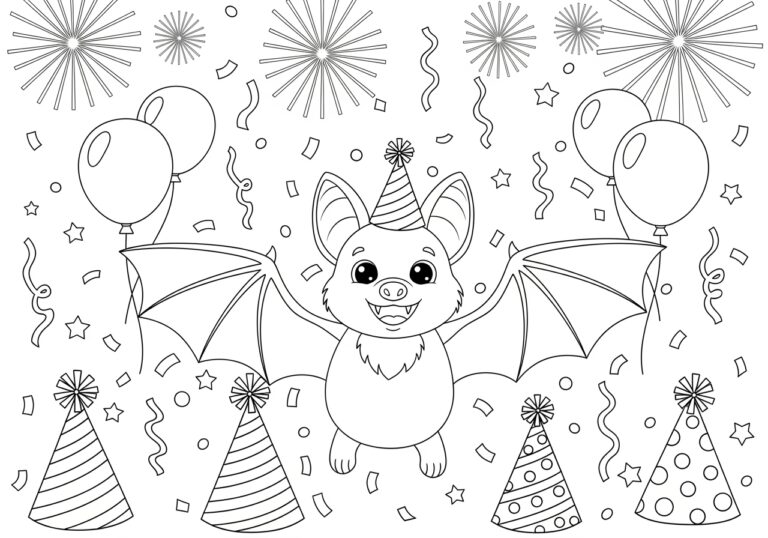 New Year Party Bat with Confetti Coloring Page New Year Party Bat with Confetti Coloring Page
