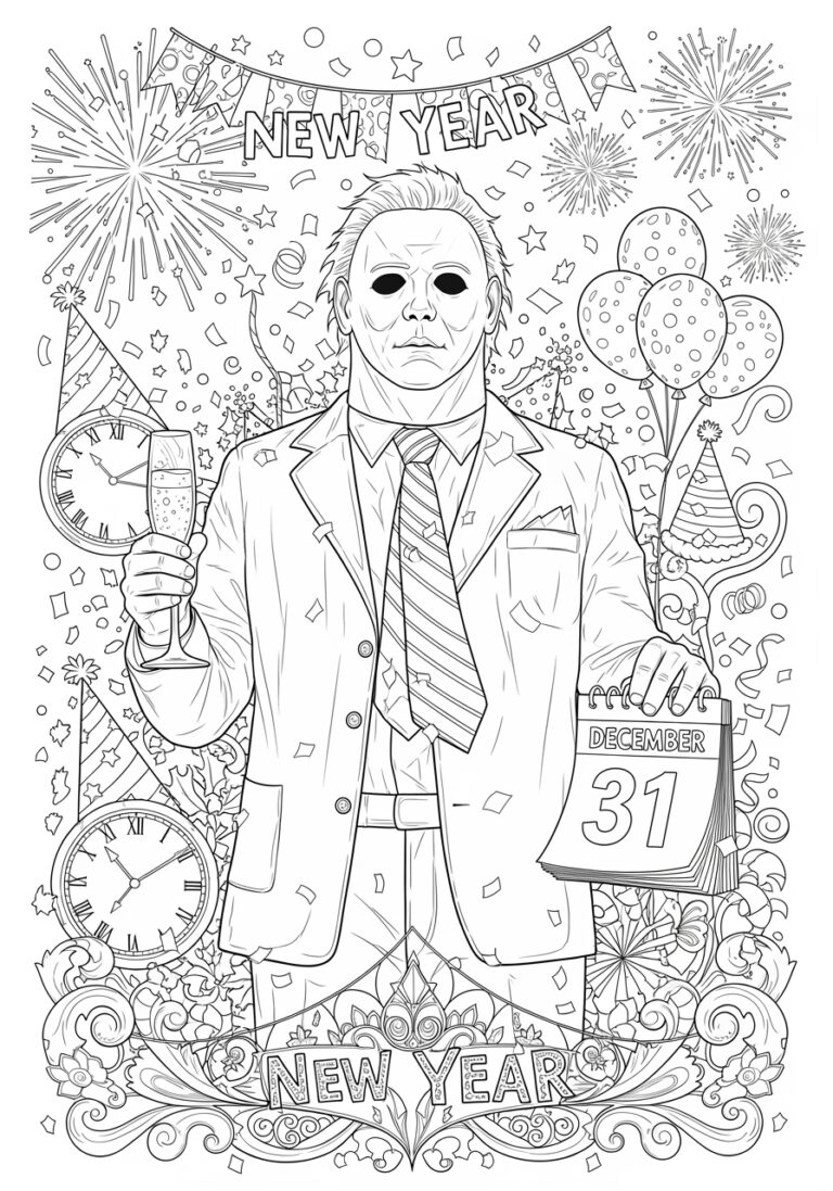 New Year’s Eve Michael Myers Confetti Coloring Page