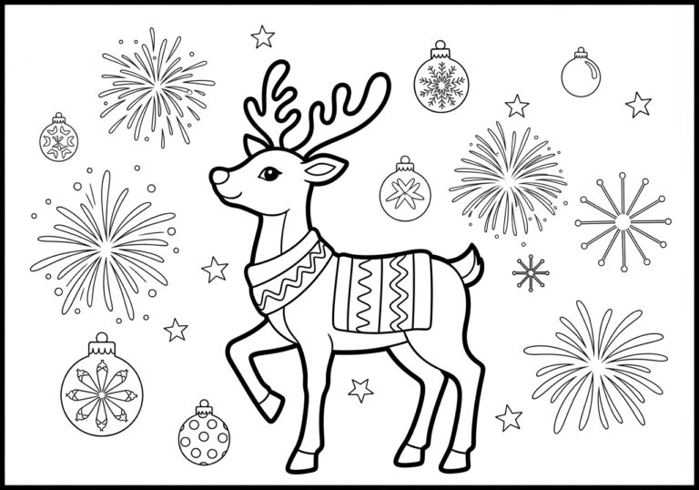New Year’s Reindeer Fireworks Coloring Page