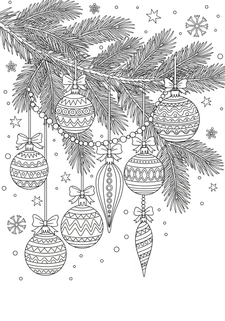 Ornament Garland on Pine Branch Coloring Page Ornament Garland on Pine Branch Coloring Page