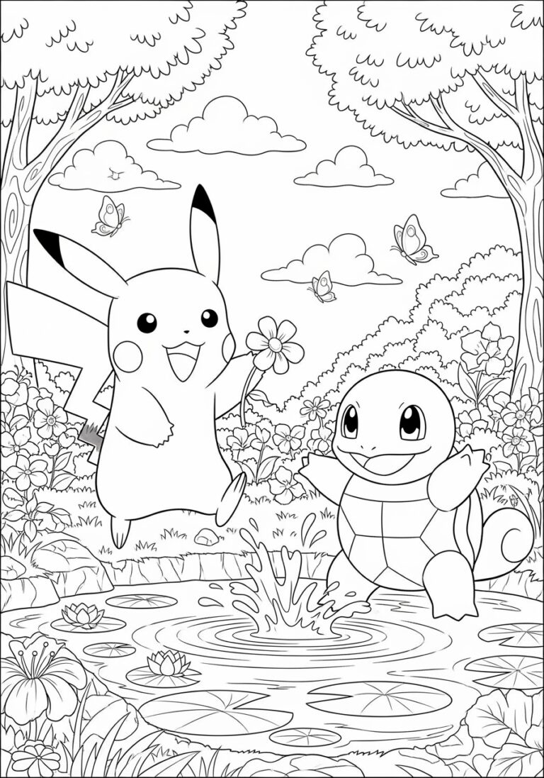 Pikachu and Squirtle Coloring Page to Print Out and Color