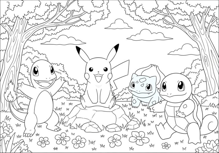 Pikachu, Charmander, Squirtle, Bulbasaur Coloring Page Pikachu, Charmander, Squirtle, Bulbasaur Coloring Page