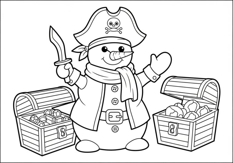 Pirate Snowman Coloring Page with Treasure
