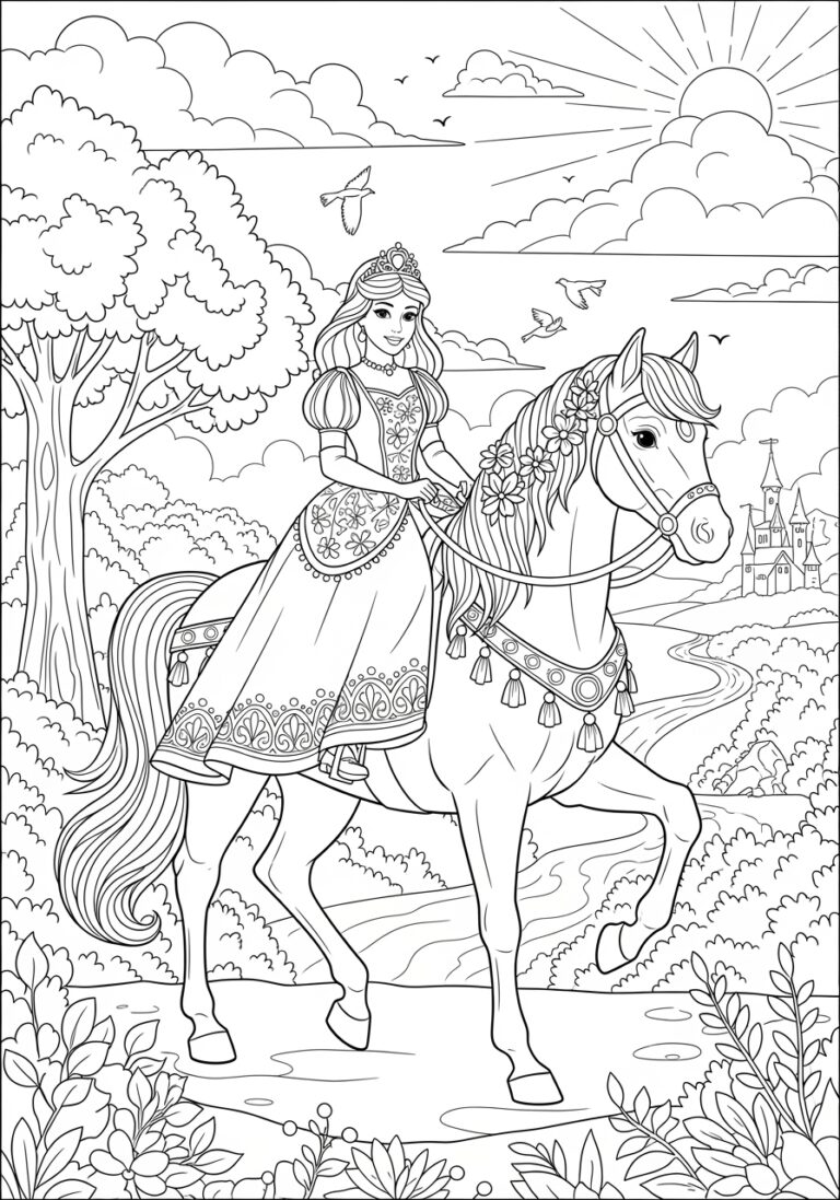 Princess on Horse Coloring Page