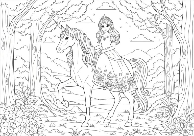 Princess Riding a Unicorn Coloring Page