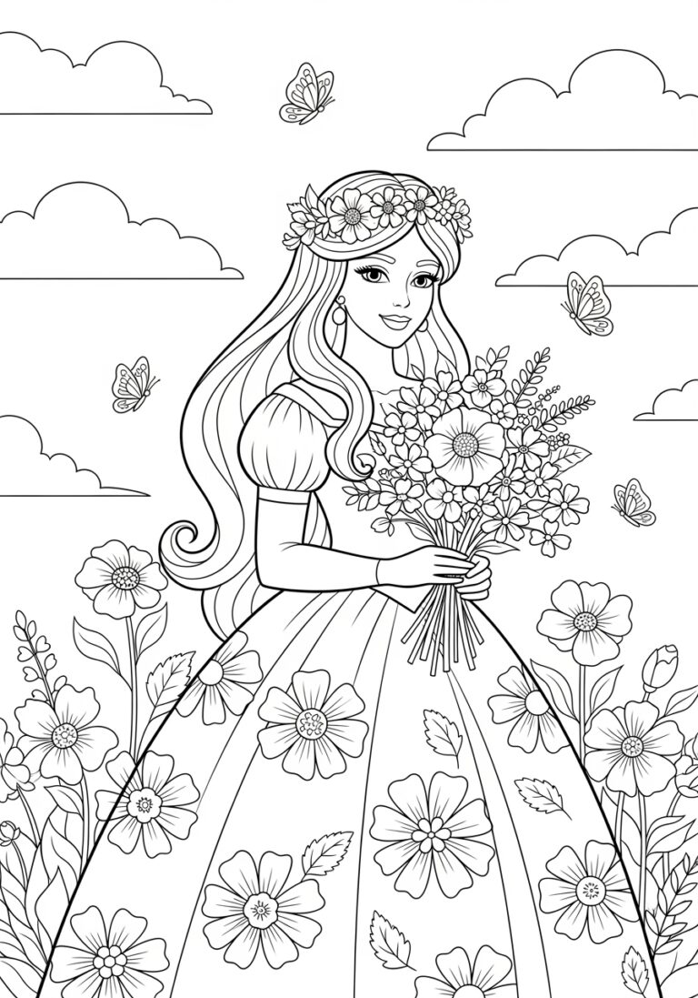 Princess with Flowers Coloring Page Princess with Flowers Coloring Page