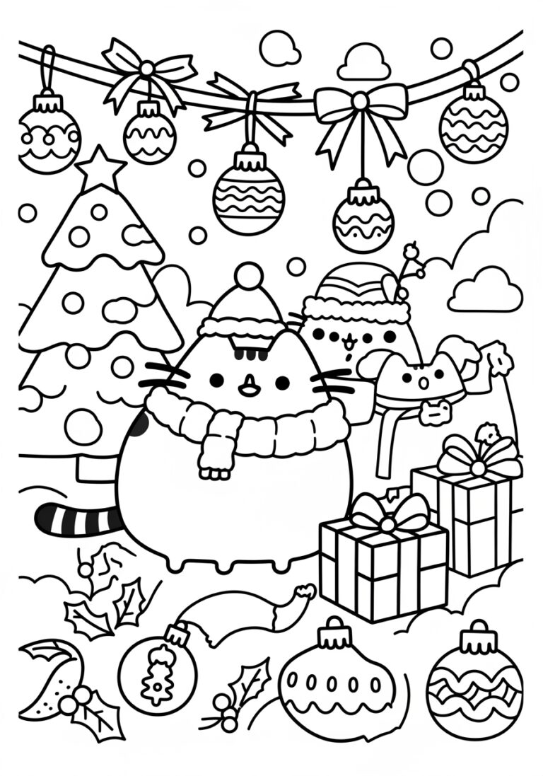 Pusheen Cat Christmas Coloring Page