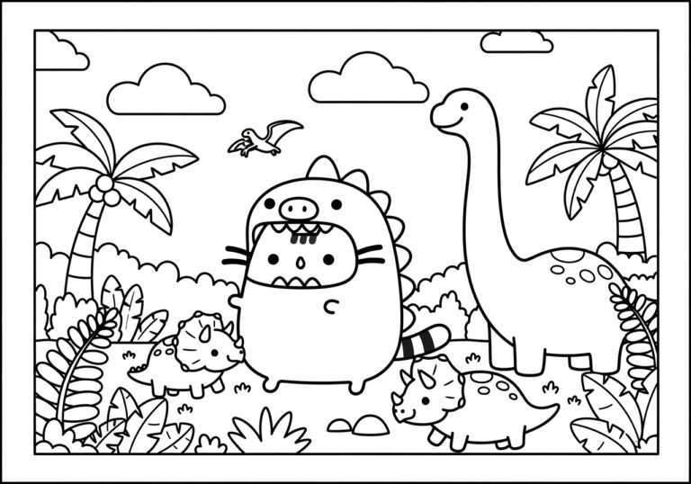 Pusheen Dinosaur Coloring Page to Print Out and Color